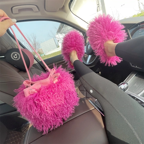 Bolso De Cubo De Piel Sintética Peluche Con Cordón Bolso De Mano Con Cadena Desmontable Estilo Y2K