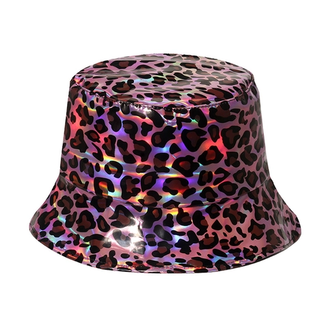 Chapeau Bob Holographique Laser Cuir PU Imprimé Léopard Serpent Brillant Mode Unisexe Accessoire