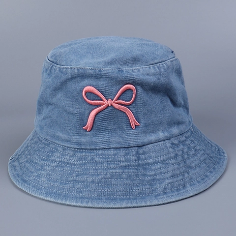 Sweet Pink Bow Embroidery Denim Bucket Hat Women Wide Brim Sun Protection Foldable Summer Fashion Fisherman Hat