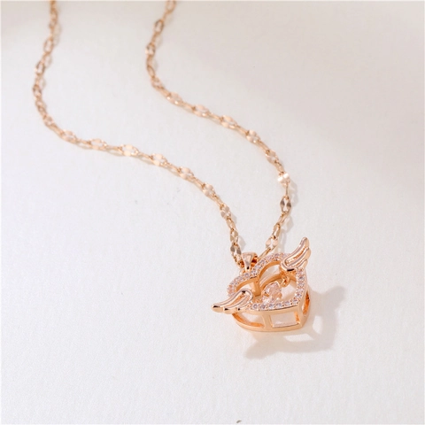 Heart Angel Wings Pendant Necklace Rose Gold Titanium Steel Brass With Zirconia Sparkly Clavicle Chain For Women