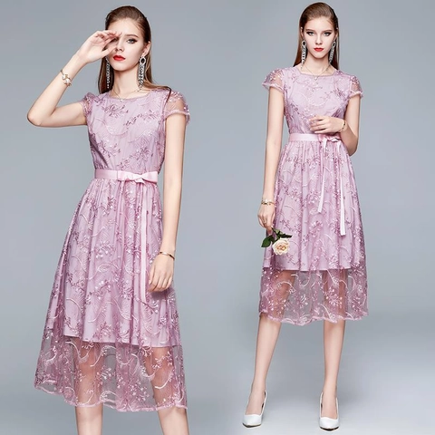 Robe Midi Élégante Pour Femmes Avec Dentelle Et Broderie Col Rond Manches Courtes Mesh Ligne A Avec Nœud Rose