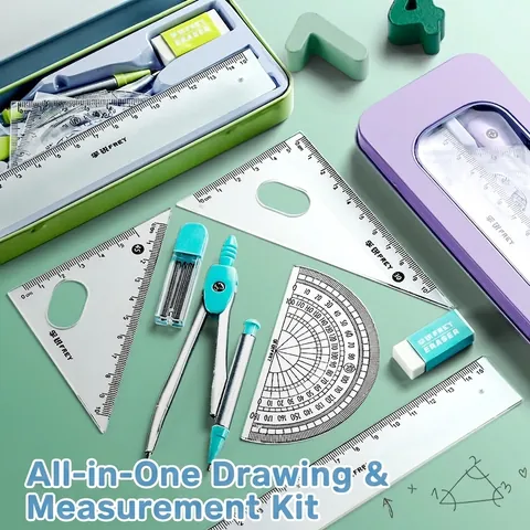 7 Piece Math Geometry Tool Set With Compass Ruler Protractor Eraser Metal Tin Box Student Stationery Drawing Kit For School Students Reward Gift