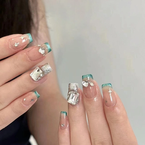 French Mint Green Tips Press On Nails Glitter Rhinestone Heart Star Square Gems Translucent Pink Artificial Finger Nails