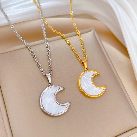Halssnoer Met Halve Maan Hanger Roestvrij Staal Witte Schelp Inleg Minimalistisch Verguld Clavicle Chain Sieraden Dames