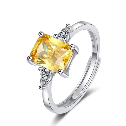 Simple Rectangular Yellow Zirconia Adjustable Copper Ring For Women Silver Plated Geometric Inlaid Finger Ring Jewelry