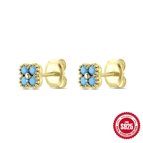 Elegant 925 Sterling Silver Flower Petal Stud Earrings For Women Gold Plated Turquoise Zirconia Inlaid Minimalist Jewelry Gift
