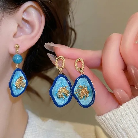 Orecchini Pendenti Vintage Con Fiori In Smalto Lega Perla Artificial Strass Blu Oro Con Perno In Argento Stile Retrò Per Donna