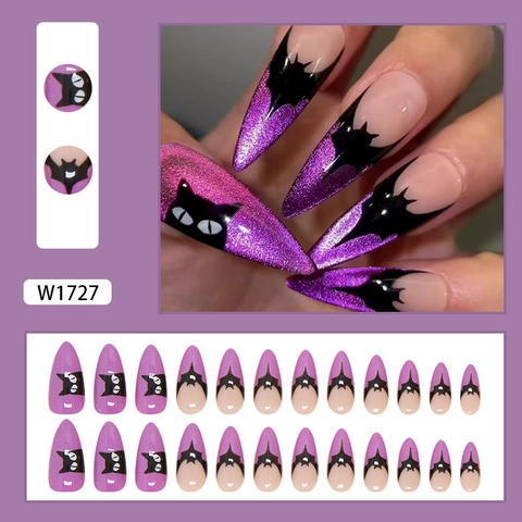 Halloween Ongles Press On Long Stiletto Pointu Violet Oeil De Chat Chauve-Souris Chat Design ABS Plastique Faux Ongles