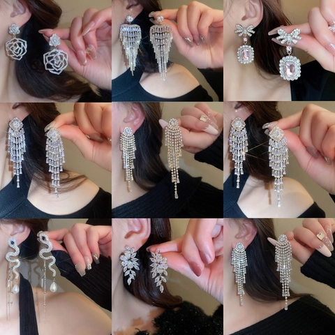 Alloy Rhinestone Geometric Earrings With 925 Sterling Silver Earring Post Elegant Tassel Butterfly Flower Fashion Jewelry For Women