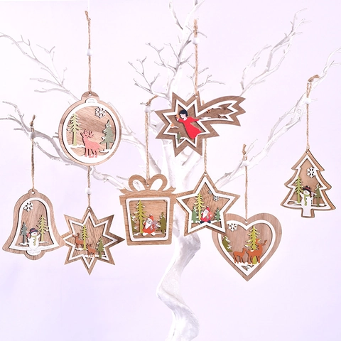 Ornements Suspendus Noël En Bois Découpe Laser Design Creux Multi Couches Père Noël Renne Bonhomme De Neige Décor