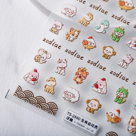 5D Embossed Nail Art Stickers Cartoon Chinese Zodiac Animal 3D Relief Self Adhesive Manicure Decoration DIY Accessories