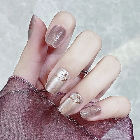 Cat Eye Press On Nails Shiny Dusty Purple Hand Painted Bamboo Chinese Style Short Round Square Artificial Fingernails Women
