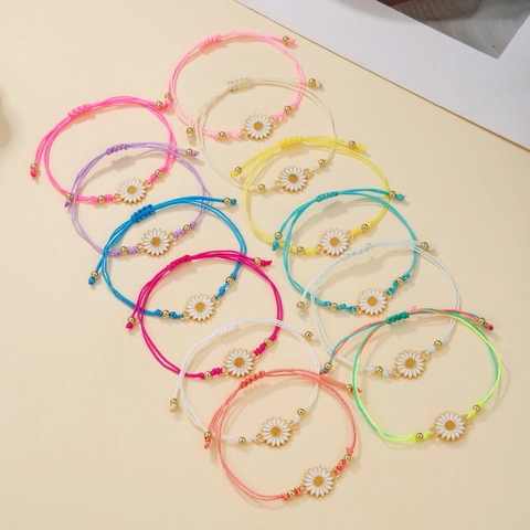 Gewebte Gänseblümchen Sonnenblume Charm Armbänder Böhmisch Bunt Emaille Legierung Wachsseil Verstellbar Urlaub Schmuck