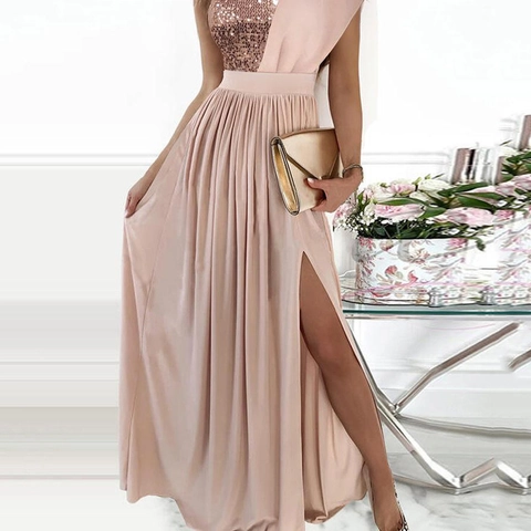 Elegantes One Shoulder Pailletten Patchwork Maxi Kleid Mit Hohem Schlitz Für Damen Party Abendkleid Gala