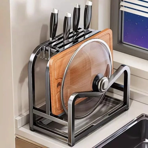 Multi-functional Kitchen Knife Holder Carbon Steel Storage Rack For Cutting Board And Pot Lid With Drip Tray Organizer