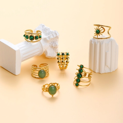 Vintage 18K Vergoldeter Edelstahl Offener Ring Grüner Malachit Naturstein Verstellbarer Schmuck Für Damen