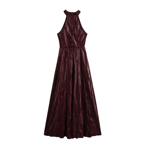 Wine Red Halter Neck PU Leather Maxi Dress Sleeveless High Waist Pleated Streetwear Sexy Back Zipper Elegant Women