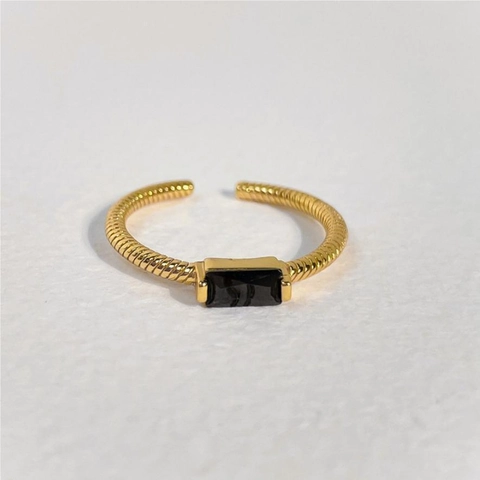 925 Sterling Silver Ring Black Cubic Zirconia Rectangular Stone Twist Rope Design Open Adjustable Jewelry Women