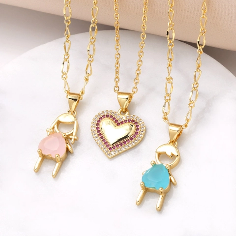 Collana Con Pendente A Cuore Rame Placcato Oro Zirconia Cubica Figure Ragazzo Ragazza Gioielli