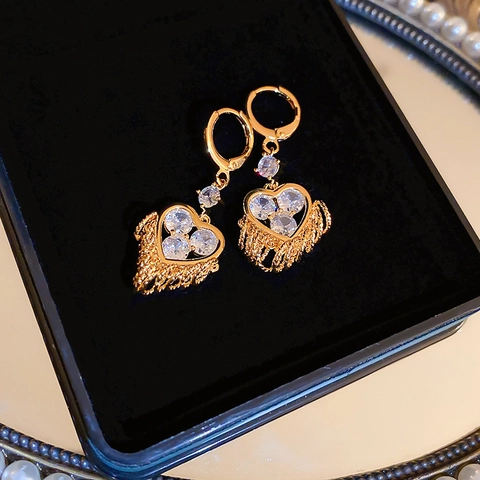 Herz Quaste Creolen Mit Zirkonia Kupfer Vergoldet Elegante Fransen Hängeohrringe Für Damen Stahl Ohrstecker