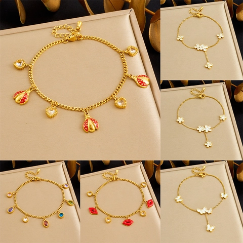 Fashion Charm Bracelet Stainless Steel Gold Plated Colorful Zircon Heart Butterfly Red Lip Ladybug Flower Jewelry For Women