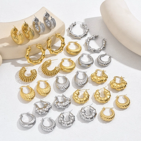Croissant Hoop Ohrringe Vintage 18K Vergoldet Titanstahl Hohl Gedreht Bambus Textur Für Damen Ästhetik