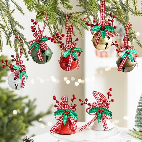 Christmas Tree Bell Ornaments Iron Metal Hanging Pendant With Gingham Ribbon Bow Red Berries Green Leaves Holiday Home Decor