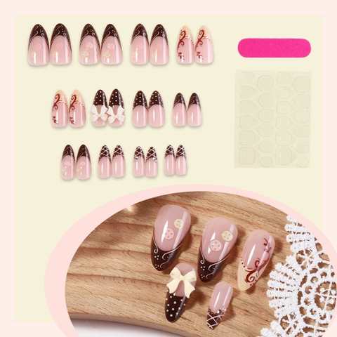 Uñas Postizas Press On Largas Almendra Stiletto Con Lazos 3D Y Lunares Estilo Francés Dulces Uñas Artificiales Vintage Para Mujeres
