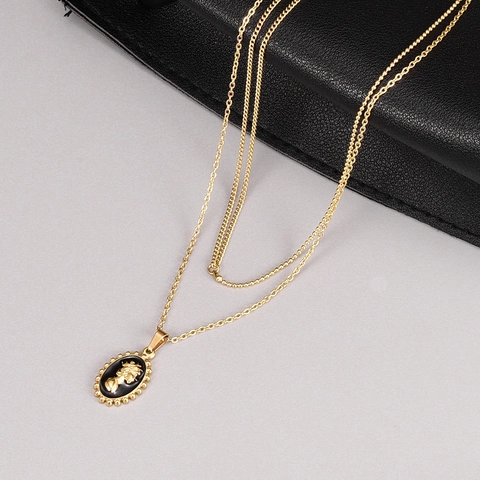 Baroque Vintage 18K Gold Plated Titanium Steel Double Layer Necklace Black Enamel Elizabeth Portrait Pendant Jewelry For Women