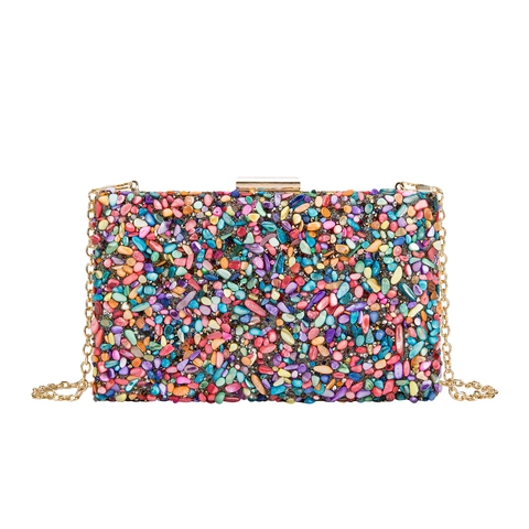 Evening Clutch Bag Crystal Rhinestone Colorful Crushed Stone Hard Shell Banquet Party Handbag With Gold Chain Strap