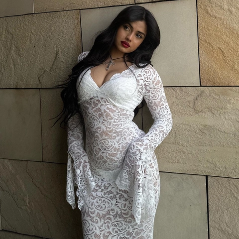 Robe Longue Sexy Femme Col En V Dentelle Transparente Manches Évasées Élégante Mesh Fête Club Vacances Plage Cover Up