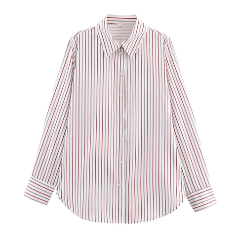 Women Striped Blouse Long Sleeve Button Down Polyester Shirt Lapel Casual Loose Fit Elegant Tops