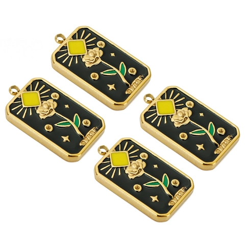 Rectangular Tarot Card Charm Pendant Stainless Steel Enamel Relief Rose Flower Lovers Theme For DIY Jewelry Making