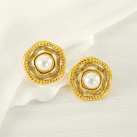 Pendientes De Botón Geométricos Vintage Para Mujer Con Perla Artificial Y Diamantes De Imitación Acero Inoxidable Chapado En Oro De 18K