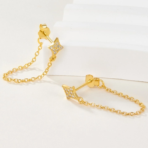 Star Stud Earrings With Chain Tassel 925 Sterling Silver Cubic Zirconia Minimalist Elegant Jewelry For Women