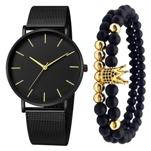 Herren Quarz Uhr Perlen Armband Minimalistische Legierung Netzband Mode Casual Armbanduhr Krone Totenkopf Anhänger
