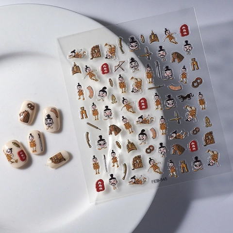 5D Embossed Nail Art Stickers Terracotta Warriors Ancient Chinese Style Retro Bronze Gold DIY Manicure Decoration Women