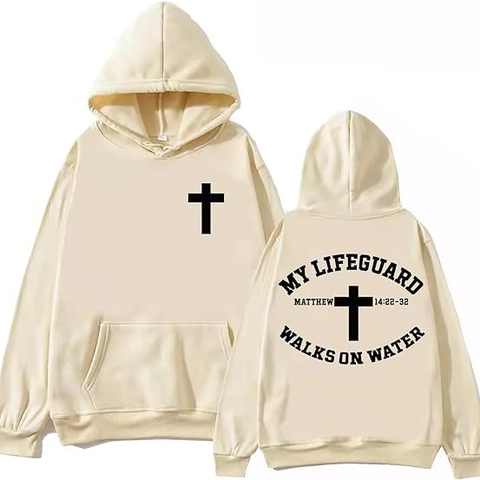 Felpa Con Cappuccio Cristiana My Lifeguard Walks On Water Versetto Biblico Croce Foderata In Pile Uomo Casual