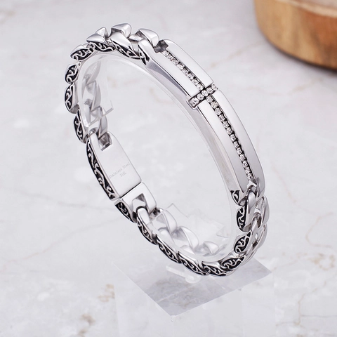 Pulsera De Cadena Cubana Para Hombre Acero Inoxidable 316L Cruz Diamantes De Imitación Grabado Retro