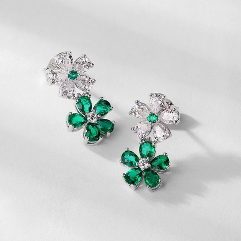 Double Flower Stud Earrings With 925 Sterling Silver Earring Post Lab-Grown Emerald White Zircon Fashion For Women