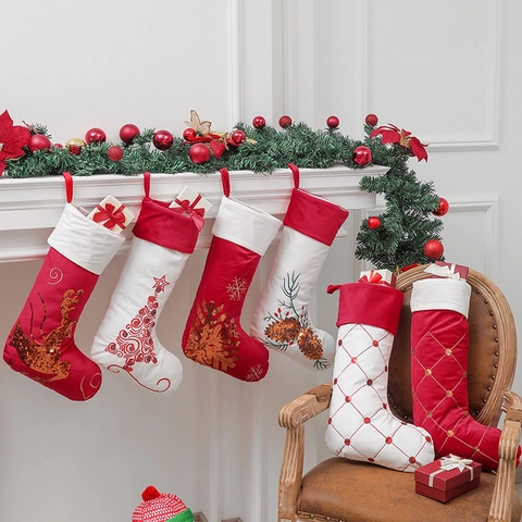 Calze Di Natale Velluto Paillettes Ricamato Renna Fiocco Di Neve Albero Di Natale Ornamenti Appesi Sacchetti Regalo Camino