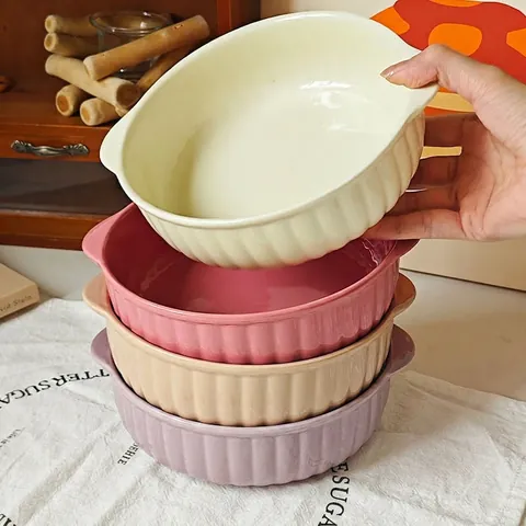 Keramikschüssel Mit Doppelgriffen Gestreift Gerippt Mikrowellengeeignet Suppe Salat Dessert Müsli Obst Geschirr Ins Stil