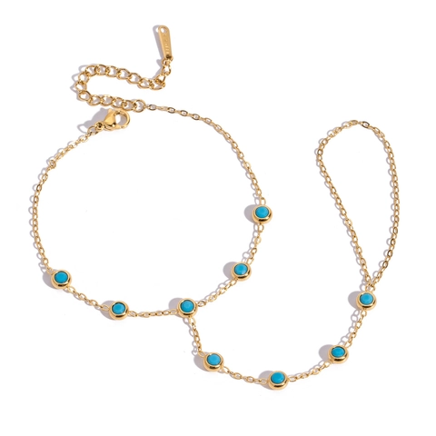 Slave Bracelet Ring Stainless Steel Gold Plated Turquoise Round Beads Bohemian Finger Hand Harness Jewelry For Women