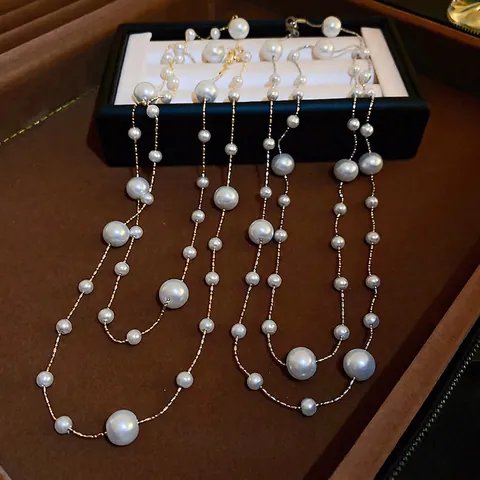Faux Artificial Pearl Sweater Chain Necklace Copper Gold Plated Y Shaped Double Layer Elegant Jewelry For Women
