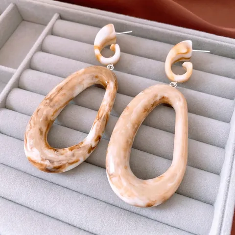 Pendientes Colgantes Huecos Ovalados Exagerados Acrílico Textura Mármol Joyería Geométrica Retro Con Poste De Plata Para Mujeres