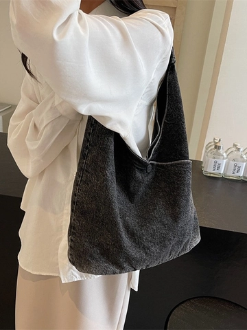 Borsa Tote In Denim Lavato Grande Capacità Stile Giapponese Semplice Borsa A Spalla Hobo Casual Tinta Unita Per Donne