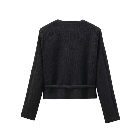 Tweed Jacke Damen Schwarz Slim Fit Goldene Knöpfe Schleifengürtel Langarm Gewebte Oberbekleidung Eleganter Stil