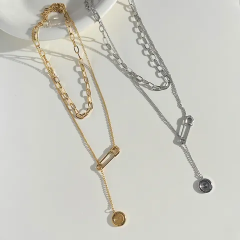 Layered Stainless Steel Necklace Safety Pin And Round Coin Pendant Hip Hop Streetwear Style Jewelry For Men Women