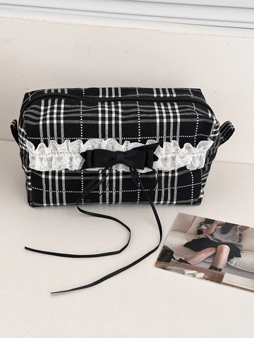 Borsa Per Trucco A Quadri In Cotone Grande Capacità Con Bordo In Pizzo E Fiocco In Nastro Organizer Per Conservazione Con Cerniera