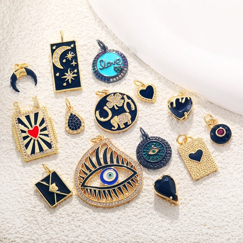 Evil Eye Heart Elephant Pendant Charms 18K Gold Plated Copper Zircon Enamel Jewelry Making DIY Bohemian Fashion